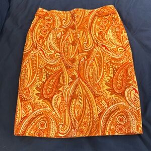 Talbots Orange Paisley Print Button Front Lined Skirt Size 2 Petite